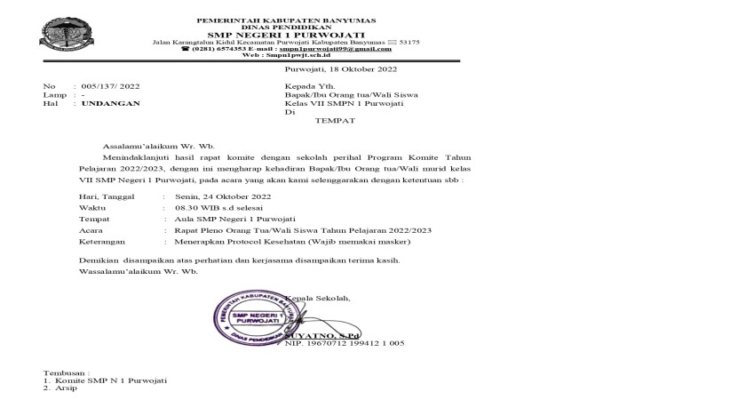 Undangan Bapak/Ibu Orang tua/Wali Siswa Kelas VII SMPN 1 Purwojati